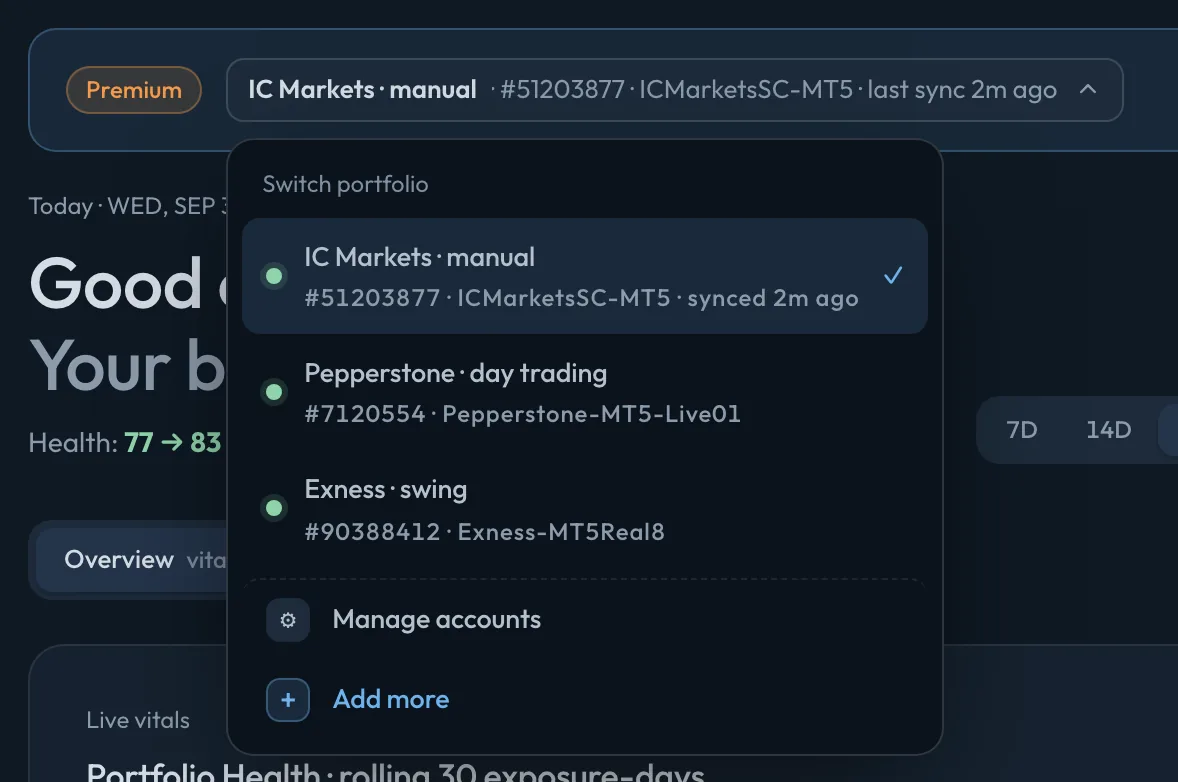 The portfolio switcher open over three MT5 accounts: IC Markets manual, Pepperstone day trading and Exness swing